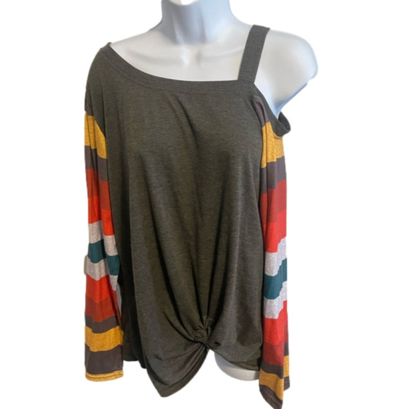 Y2k Striped Off shoulder Long Sleeve Shirt casual Multicolor boatneck medium - Picture 2 of 5